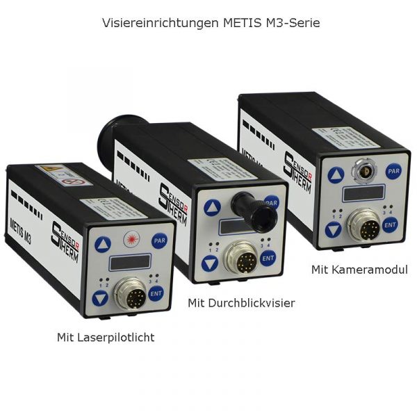 3 Geräte der Pyrometerserie Metis M3 mit Laserpilotlicht, Durchblickvisier und Kameramodul